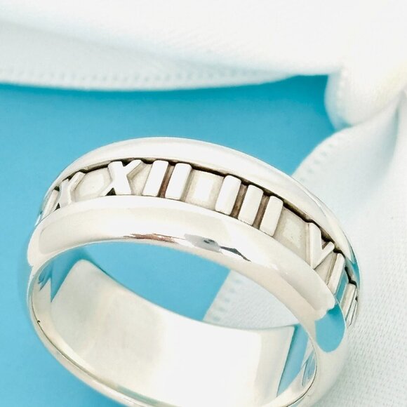 Size 8 Tiffany Wide Atlas Roman Numerals Mens Unisex Ring in Sterling Silver - Picture 8 of 10